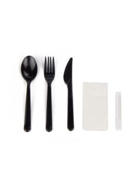 Комплект №5 премиум черный (Ложка, вилка, нож- черные, зубочистка, салфетка)(500шт/кор)