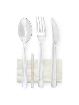 Комплект №5 премиум прозрачный (Ложка, вилка, нож- прозрачные, зубочистка, салфетка)(500шт/кор)